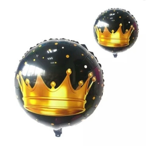 Balon Folie Rotund Negru, Coroana Rege Aurie, 45 cm
