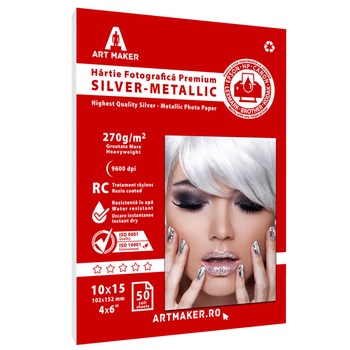 Hartie foto Metalica Argintie, Premium, 270g/mp, RC, 10x15 cm, 50 coli Hartie foto Metalica Argintie, Premium, 270g/mp, RC, 10x15 cm, 50 coli