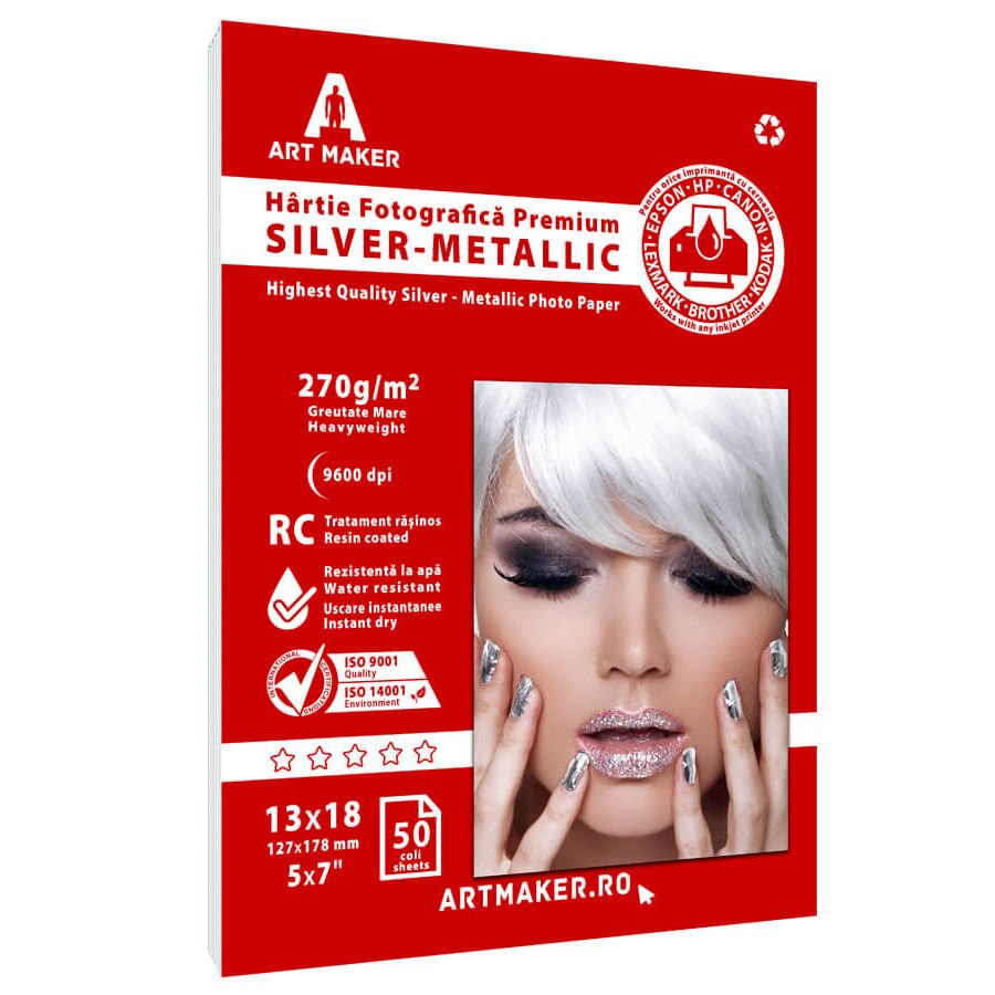 Hartie foto Metalica Argintie, Premium, 270g/mp, RC, 13x18 cm, 100 coli