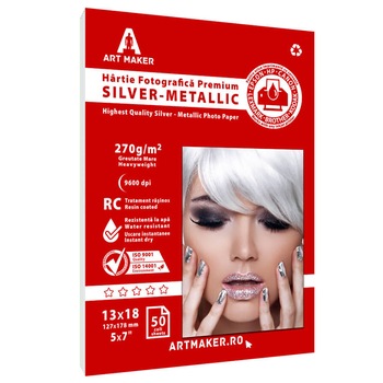Hartie foto Metalica Argintie, Premium, 270g/mp, RC, 13x18 cm, 100 coli Hartie foto Metalica Argintie, Premium, 270g/mp, RC, 13x18 cm, 100 coli