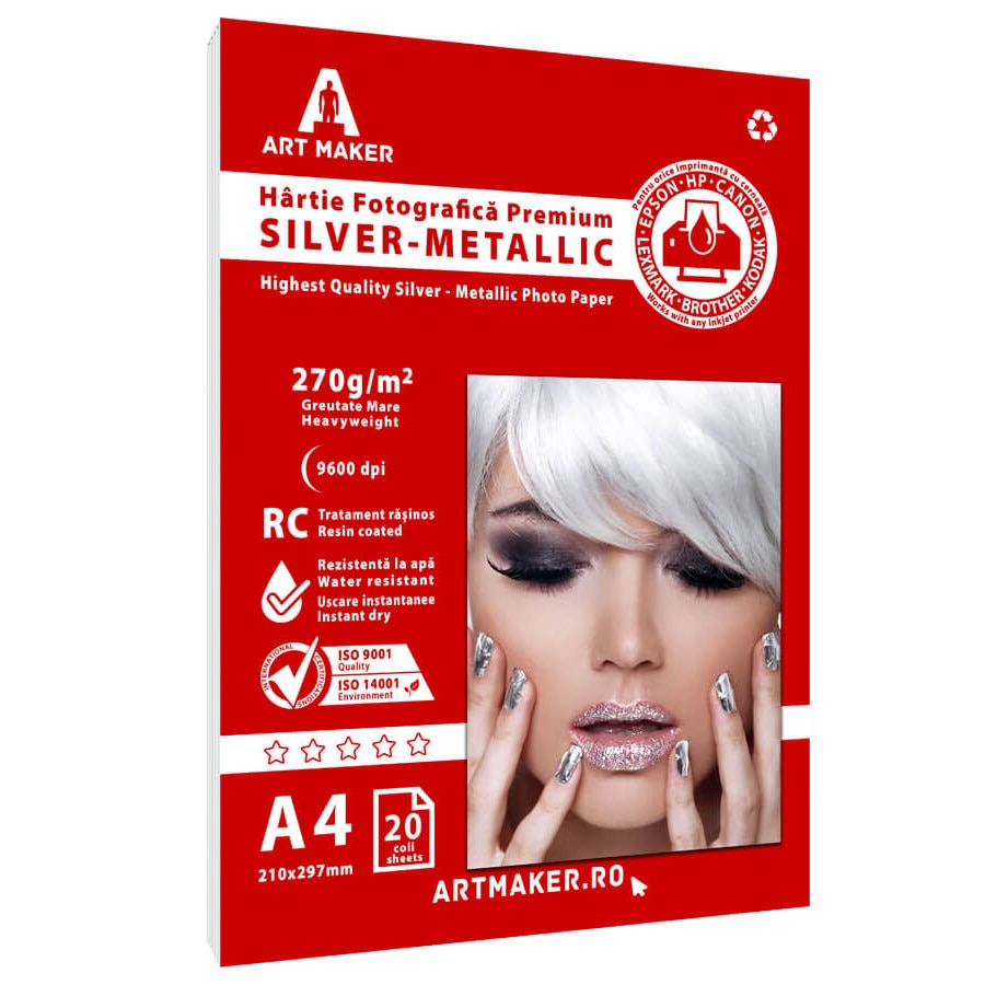 Hartie foto Metalica Argintie, Premium, 270g/mp, RC, A4, 20 coli