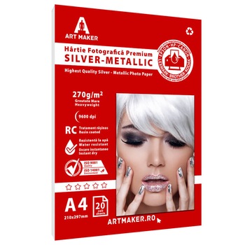 Hartie foto Metalica Argintie, Premium, 270g/mp, RC, A4, 20 coli Hartie foto Metalica Argintie, Premium, 270g/mp, RC, A4, 20 coli