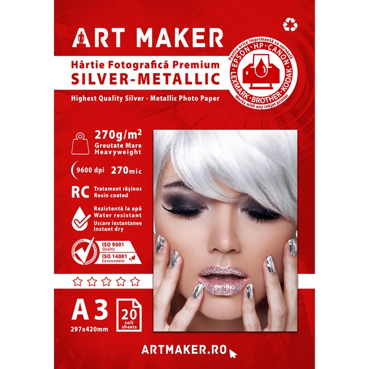 Hartie foto Metalica Argintie, Premium, 270g/mp, RC, A3, 20 coli