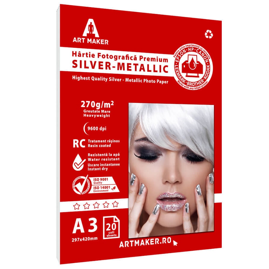 Hartie foto Metalica Argintie, Premium, 270g/mp, RC, A3, 20 coli