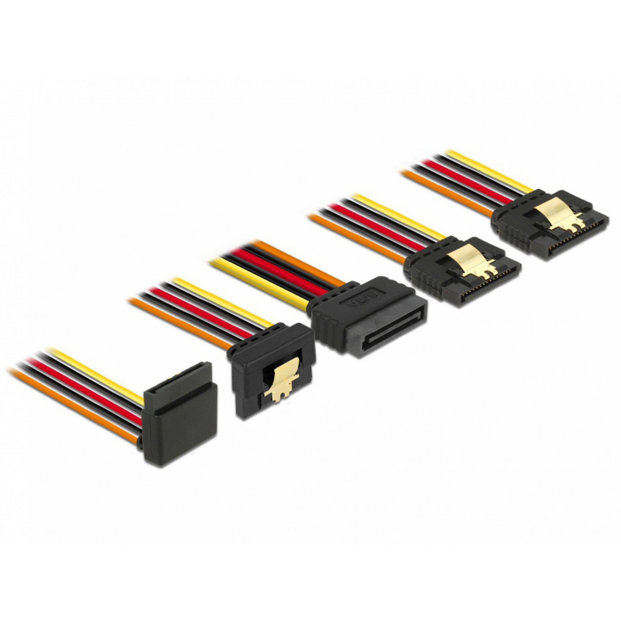 Cablu de alimentare SATA 15 pini la 2 x SATA drepte + 1 x unghi sus + 1 x unghi jos 15cm, Delock 60147