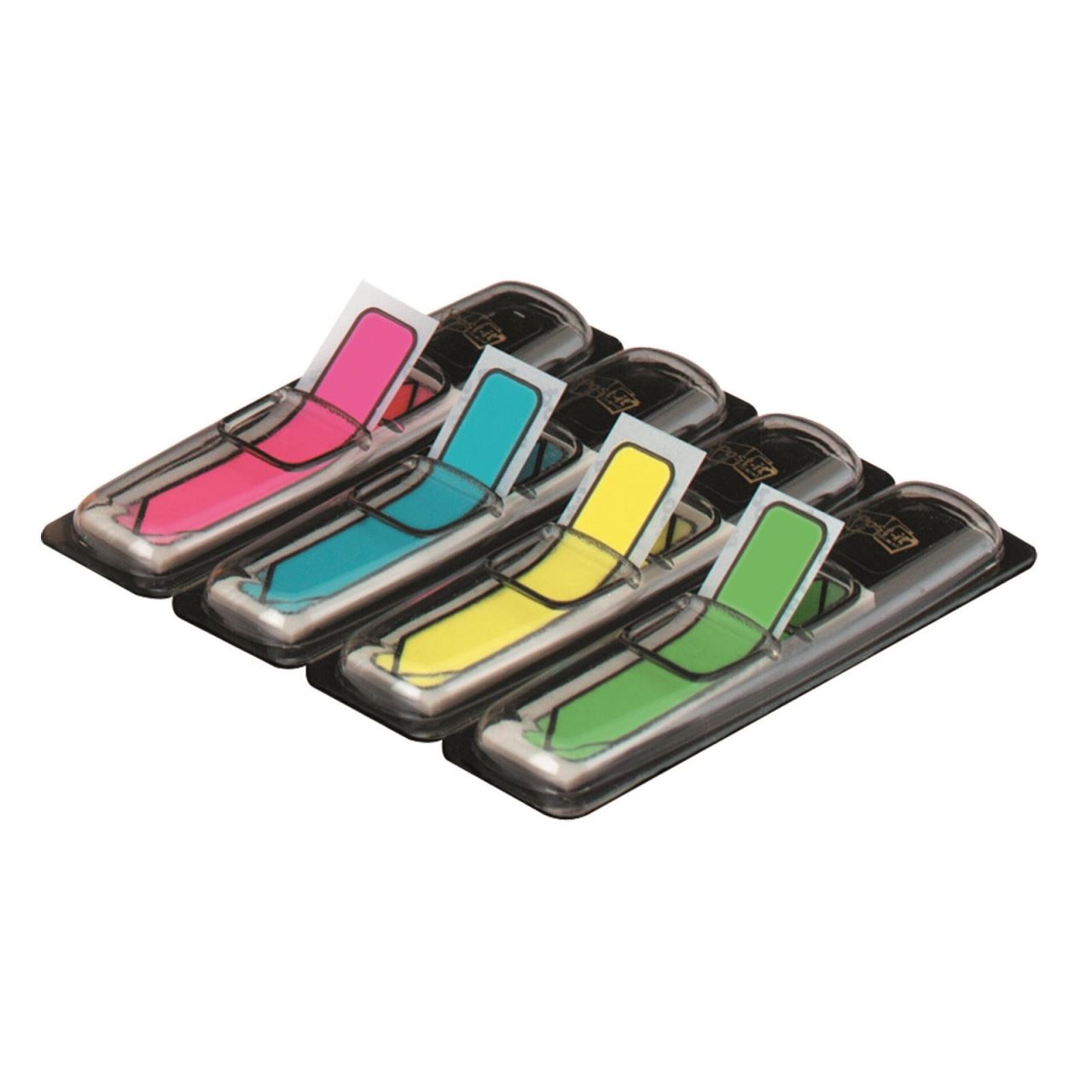 Index adeziv din plastic Post-it Tabs Arrow (684-ARR4), in dispenser, 12 x 43 mm, set 4 x 24, culori neon