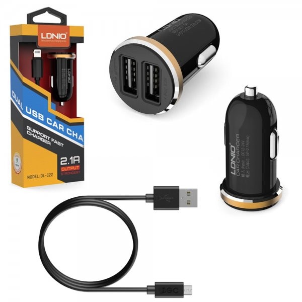 Incarcator auto Fast Charger, 2.1A cu cablu Type-C, Ldnio, negru