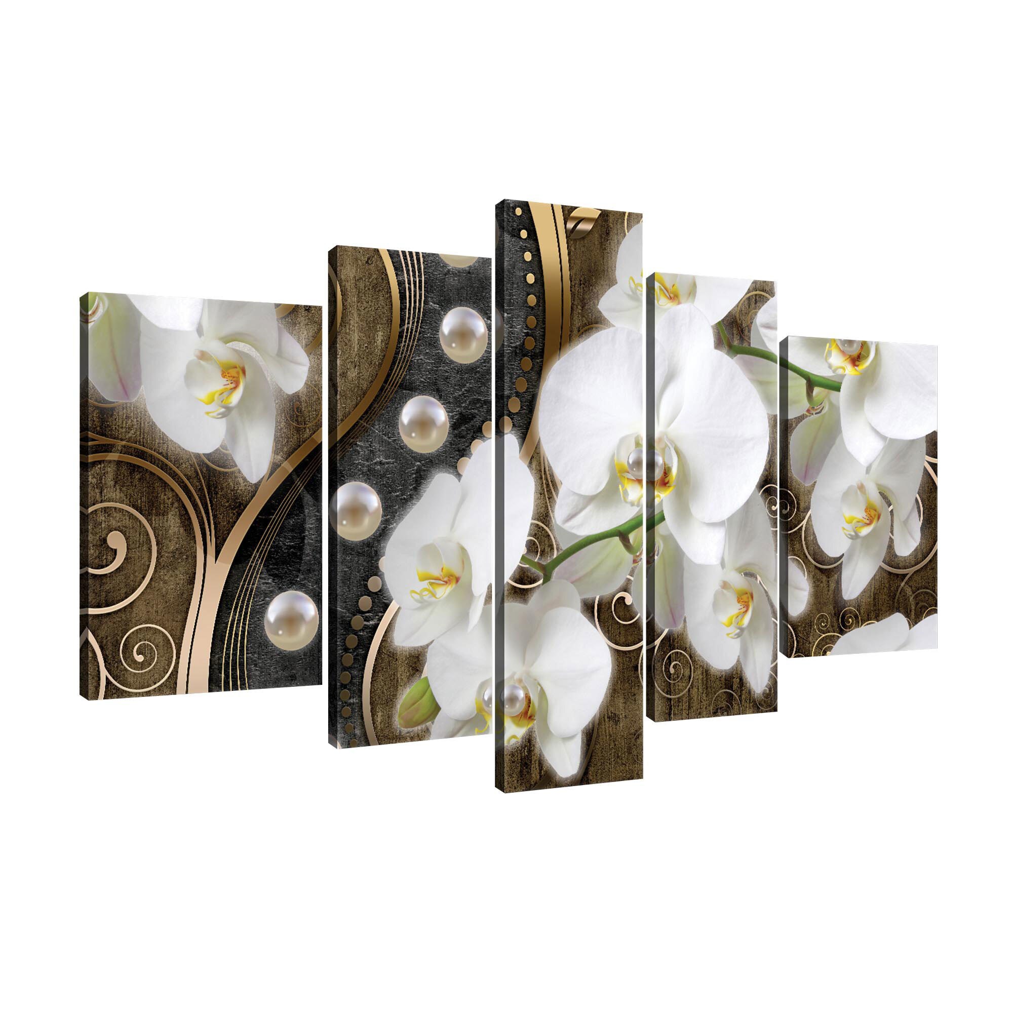 Set Tablouri DEGRETS 78355 Canvas, 100 x 170 cm, 5 piese (1x100x30 cm, 2x80x30 cm, 2x60x40 cm), Orhidee Abstractie 8 3D