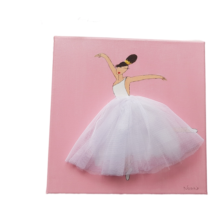 Tablou 3D, model printesa balerina cu fusta alba de tulle pe fundal roz, 25x25 cm