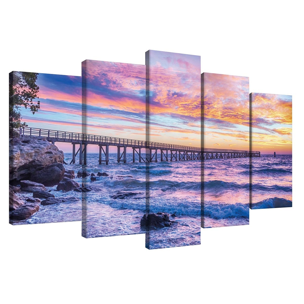 Set Tablouri DEGRETS 78491 Canvas, 60 x 100 cm, 5 piese (2x40x20 cm, 2x50x20 cm, 1x60x20 cm), Apus peste mare