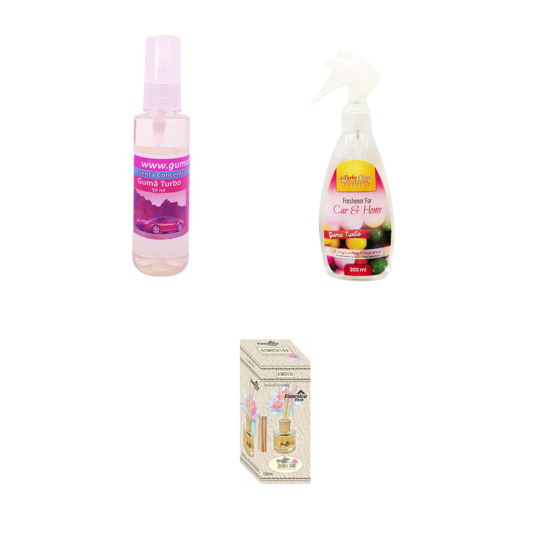Pachet promo odorizant 50 ml pe baza de ulei odorizant 200 ml pe baza de alcool aroma guma turbo odorizant 100 ml betisoare bubble gum