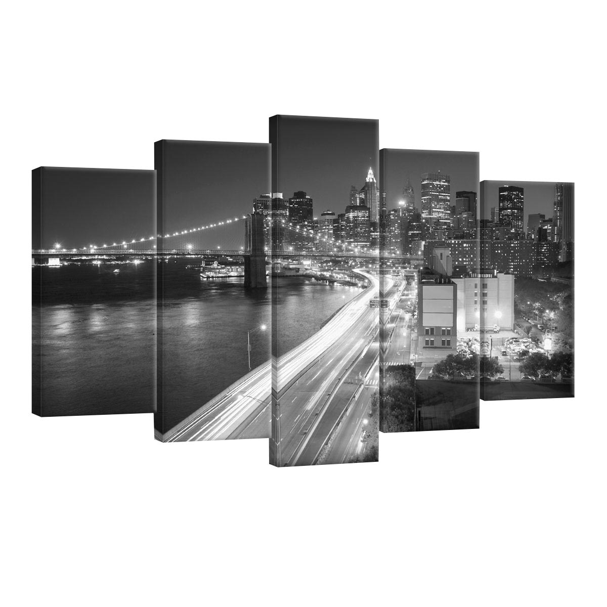 Set Tablouri DEGRETS 78509 Canvas, 60 x 100 cm, 5 piese (2x40x20 cm, 2x50x20 cm, 1x60x20 cm), New York zgarie nori in alb negru
