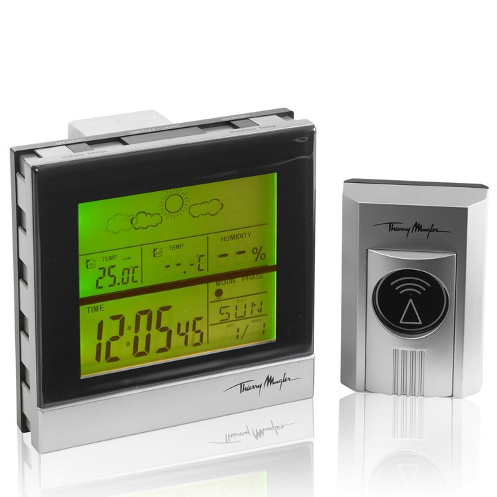 Безжична метеорологична станция Thierry Mugler с функция за температури, влажност, фази луна, часовник и аларма, Външен датчик, Черен/Сребрист
