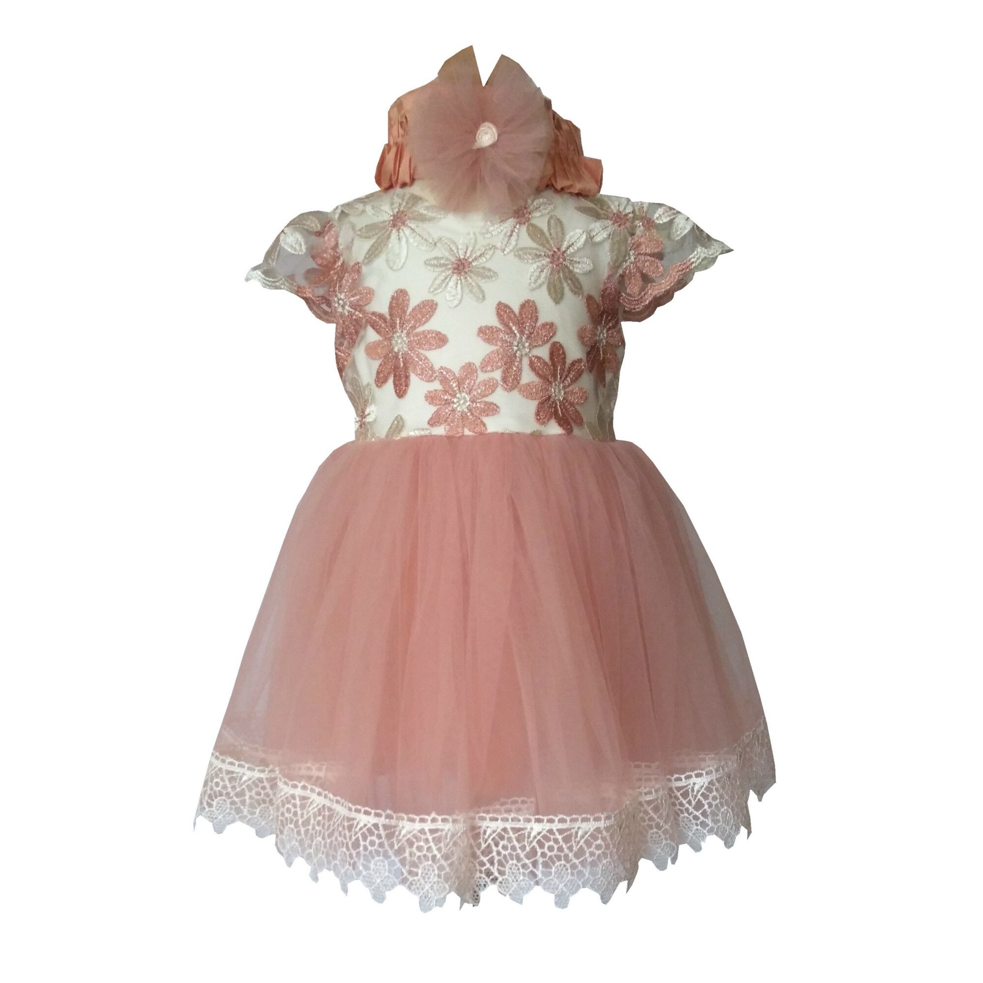 Rochie botez Alb/Somon - 0/3 luni