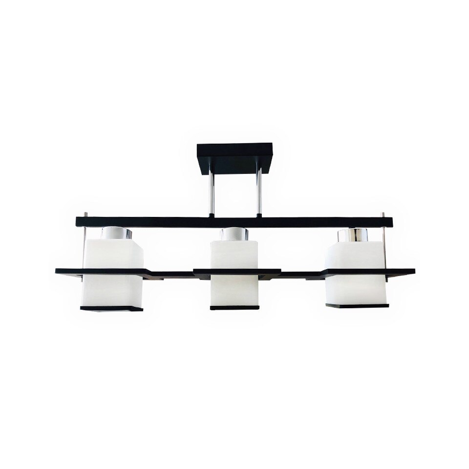 Lustra neagra vintage S088/3 ,3xe27,abajur alb mat cu dunga neagra ,elemente cromate