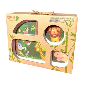 Set de masa si tacamuri pentru copii din fibra de bambus, FizioTab® Kids - Farfurie 4 compartimente, cana, bol, furculita si lingurita, serviciu de masa bebe, set hranire 5 piese, vesela mic dejun, pranz, cina, Animale Set de masa si tacamuri pentru copii din fibra de bambus, FizioTab® Kids - Farfurie 4 compartimente, cana, bol, furculita si lingurita, serviciu de masa bebe, set hranire 5 piese, vesela mic dejun, pranz, cina, Animale