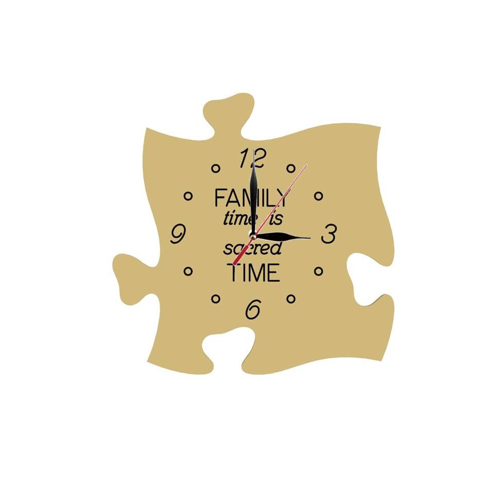Ceas puzzle de perete, personalizat - Family time is sacred time - ocru, 30 x 30 cm