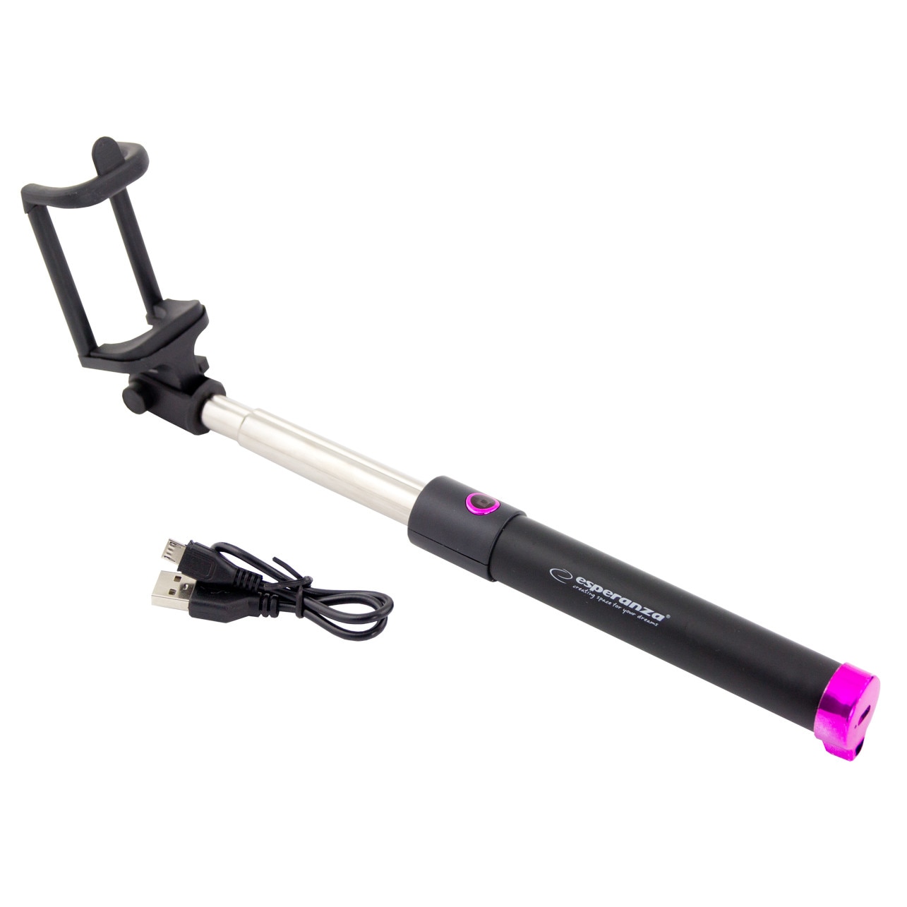 Selfie stick cu Bluetooth integrat si acumulator combatibil iOS sau Android, lungime 18-80cm, negru-roz