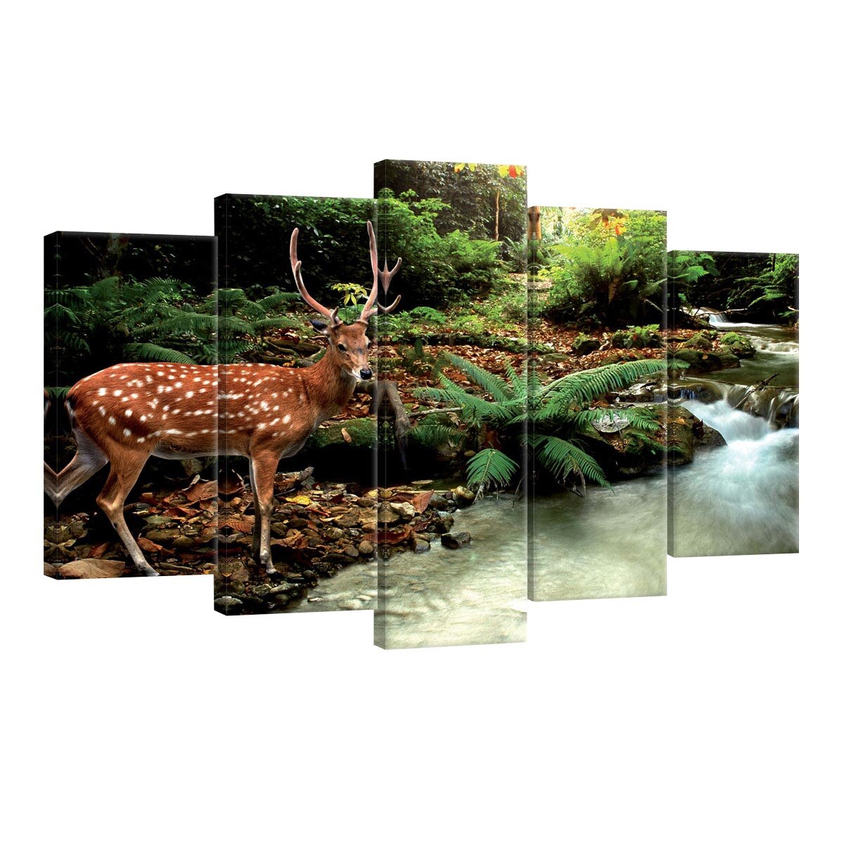 Set Tablouri DEGRETS 78535 Canvas, 60 x 100 cm, 5 piese (2x40x20 cm, 2x50x20 cm, 1x60x20 cm), Caprioara langa rau