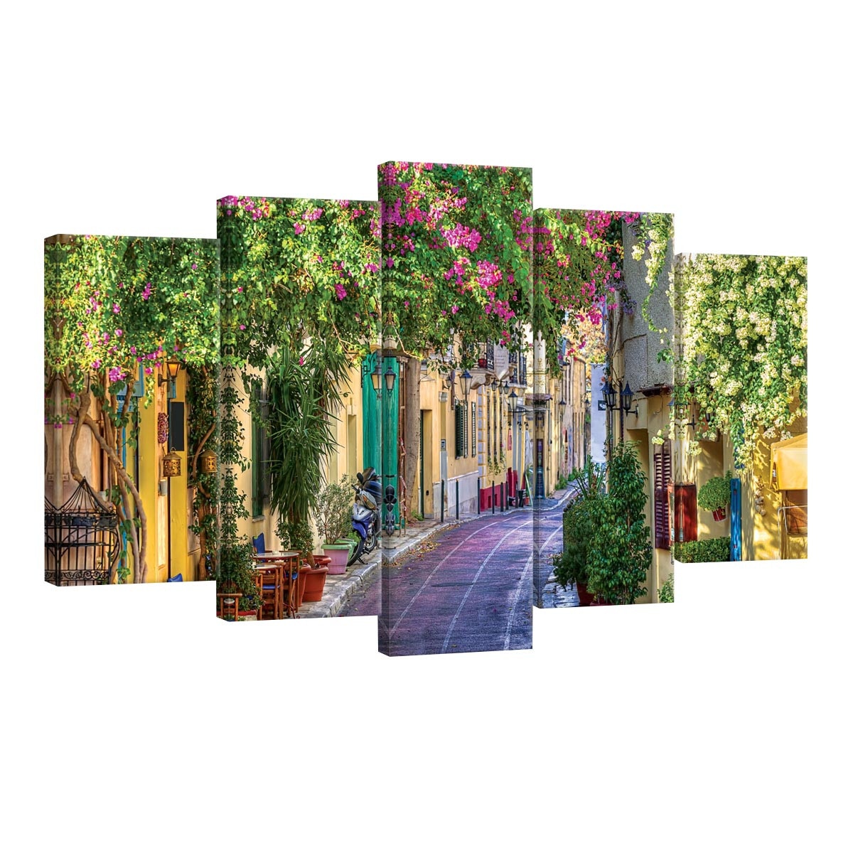 Set Tablouri DEGRETS 78548 Canvas, 60 x 100 cm, 5 piese (2x40x20 cm, 2x50x20 cm, 1x60x20 cm), Strada cu flori 1