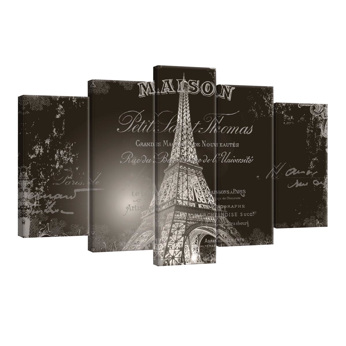 Set Tablouri DEGRETS 78567 Canvas, 60 x 100 cm, 5 piese (2x40x20 cm, 2x50x20 cm, 1x60x20 cm), Trunul Eiffel 3