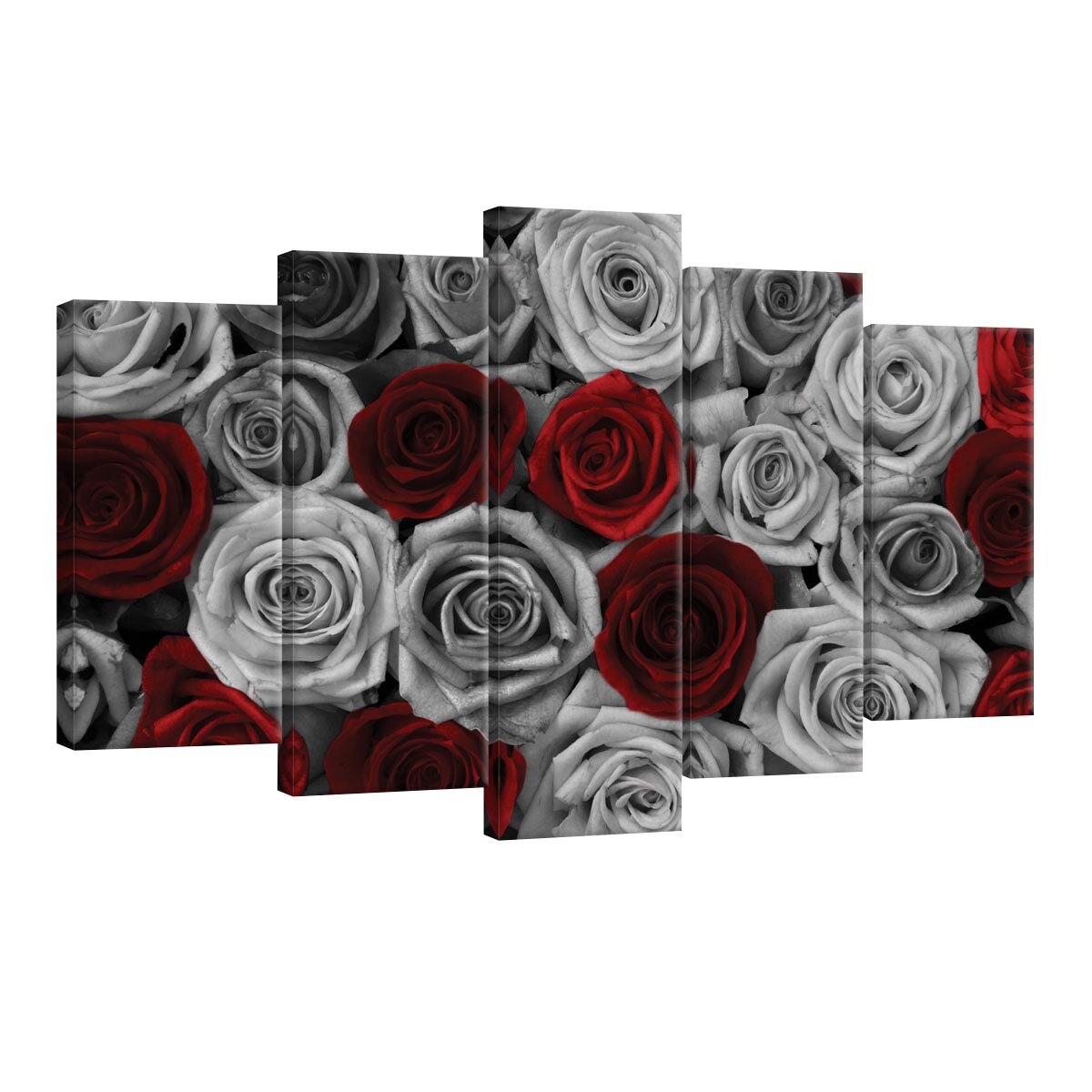 Set Tablouri DEGRETS 78571 Canvas, 60 x 100 cm, 5 piese (2x40x20 cm, 2x50x20 cm, 1x60x20 cm), Trandafiri rosu - gri