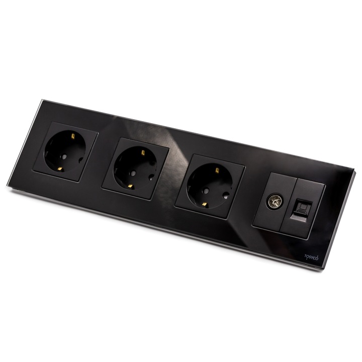 Priza Schuko tripla + LAN + TV Tosyco cu rama din sticla, Negru