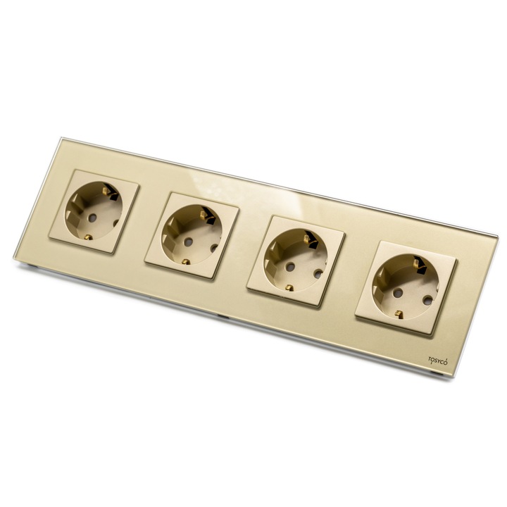 Priza Schuko cvadrupla Tosyco cu rama din sticla, Gold