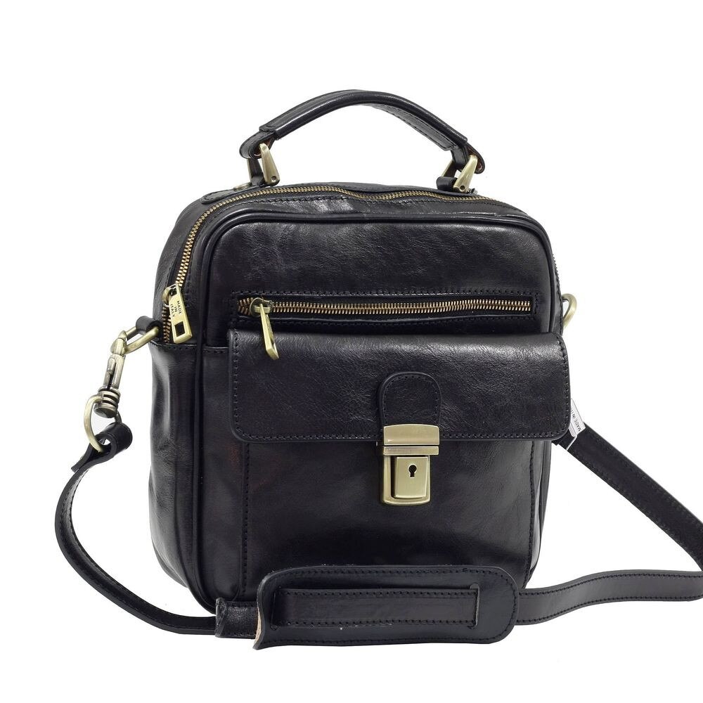 Borseta de mana si curea de umar, din piele naturala vachetta neagra, Suveran, made in italy, 8929