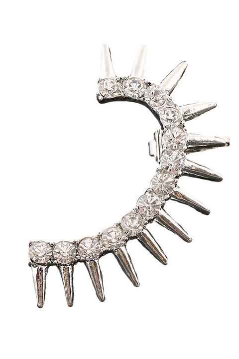 Cercel Ear cuff pe toata urechea, cristale albe si tepi, Argintiu, Urechea stanga