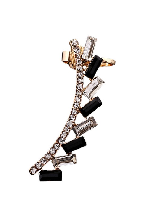 Cercel Ear cuff luxury cu cristale albe si negre dreptunghiulare, Auriu, Urechea stanga