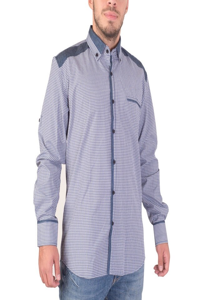 Camasa cu maneca lunga Laviino, 100 % bumbac, albastru cu alb, 41/42 EU