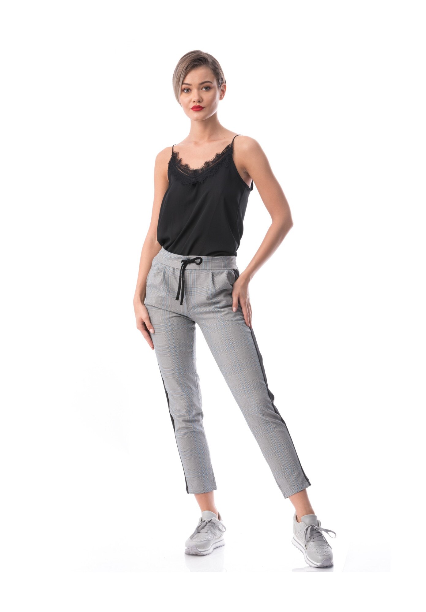 Pantaloni Klarice Blue/Pink in carouri, gri, jerseu, Gri/Albastru