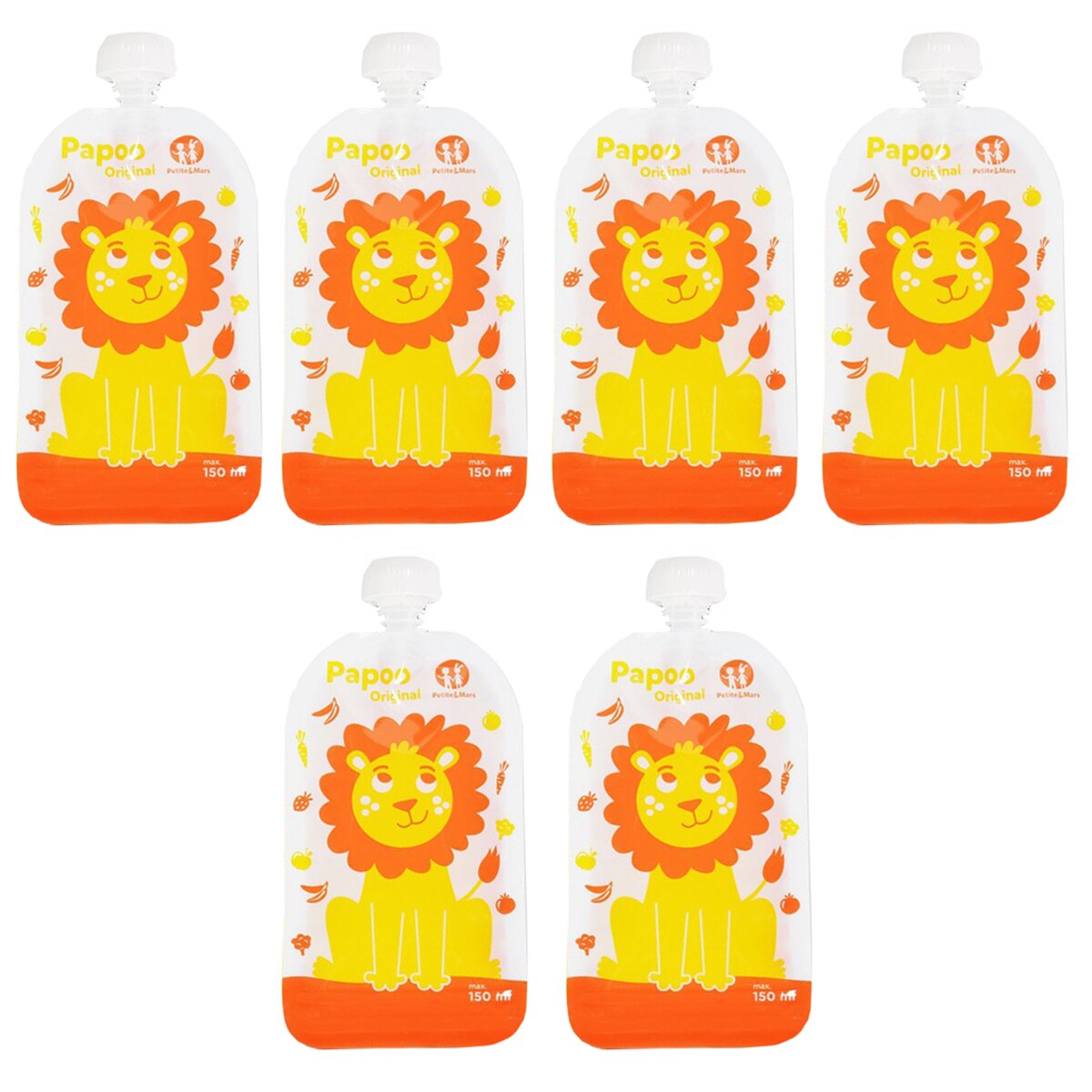 Set 6 pungi Petite&Mars Papoo, reutilizabile pentru mancare, Leu