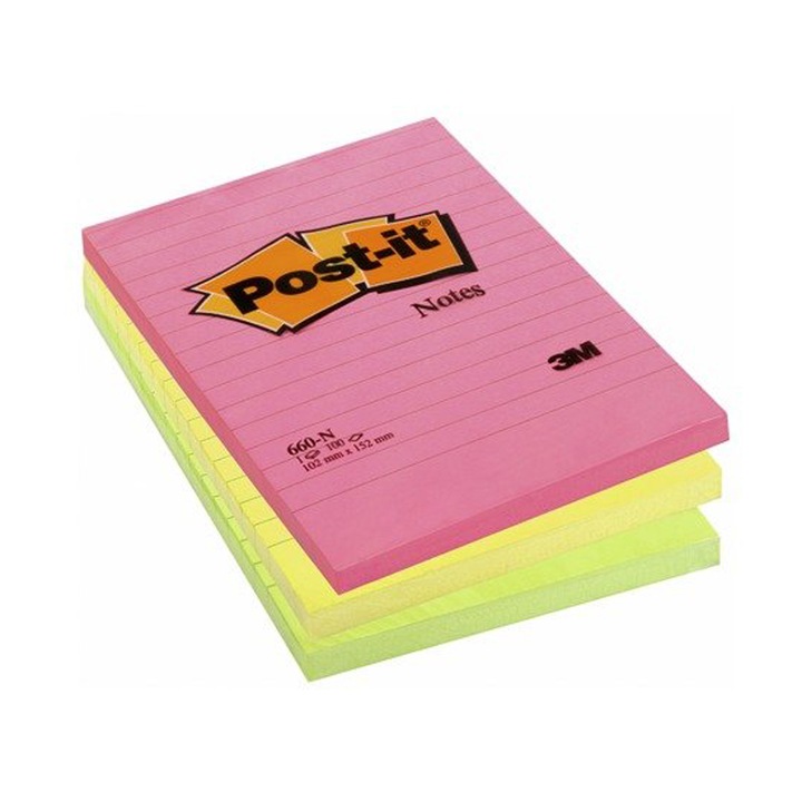 3M Post-It 660N öntapadó jegyzetek, 102 x 152 mm, vonalas, 100 lap, neon színek