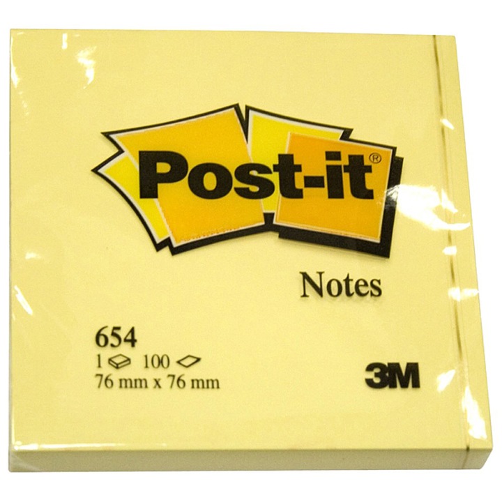Notite Adezive 3M Post-It 654, 76 x 76 mm, 100 File, Galben