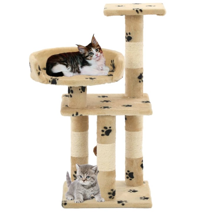Ansamblu de joaca pentru pisici, vidaXL, Plus, cu platou de joaca si stalpi cu funie de sisal, Bej, 65 cm, imprimeu labute