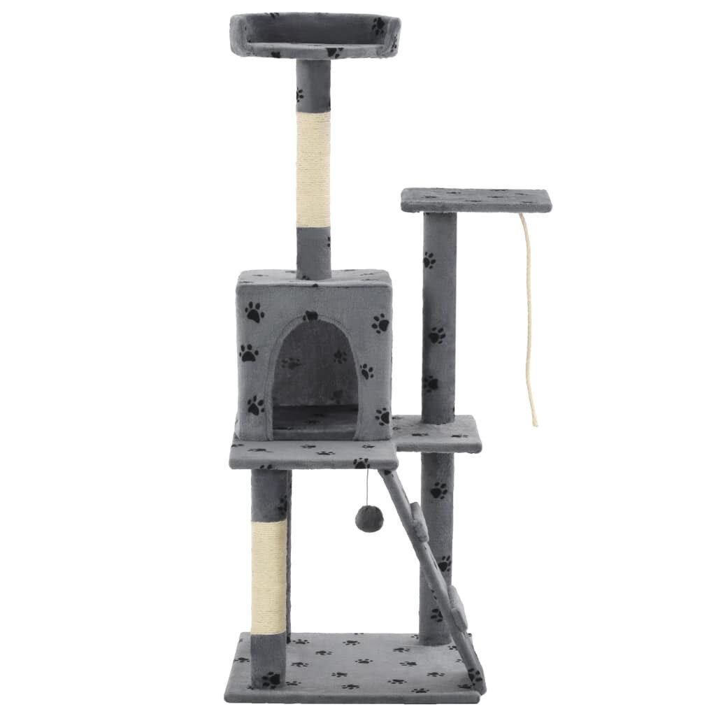 Ansamblu de joaca pentru pisici, vidaXL, Plus, stalpi cu funie de sisal, Gri, 120 cm, imprimeu labute