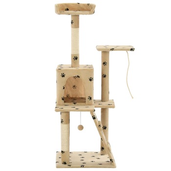Ansamblu de joaca pentru pisici, vidaXL, Plus, stalpi cu funie de sisal, Bej, 120 cm, imprimeu labute