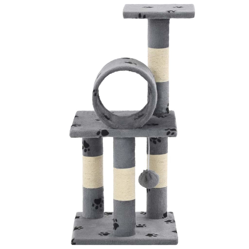 Ansamblu de joaca pentru pisici, vidaXL, Plus, stalp cu funie de sisal, imprimeu labute, Gri