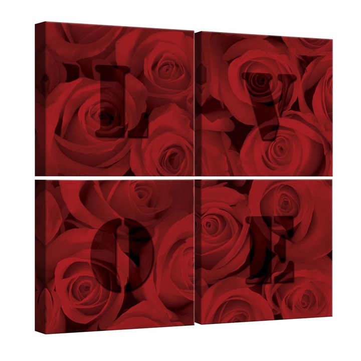 Set Tablouri DEGRETS 78614 Canvas, 50 x 50 cm, 4 piese (4x25x25 cm), Trandafiri iubire 2