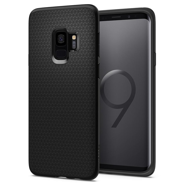 Комплект за Samsung Galaxy S9 Защитен гръб SPIGEN Liquid Air Armor Силикон Черен + Защитно фолио Закалено стъкло 3D Full Cover Черен