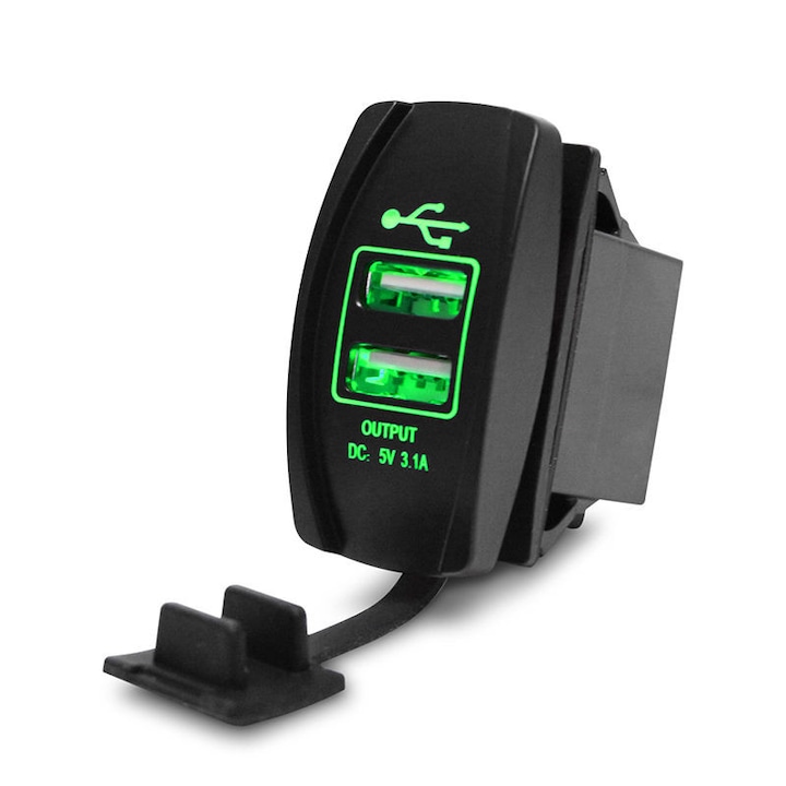 Dupla USB töltő , autó műszerfalba építhető , univerzális , ledes megvilágítással (Zöld LED)