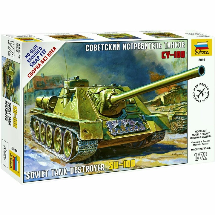 Kit Macheta Militara usor de asamblat fara adeziv Zvezda SU-100 Soviet Tank destroyer +14ani 1:72 ZVEZ 5044