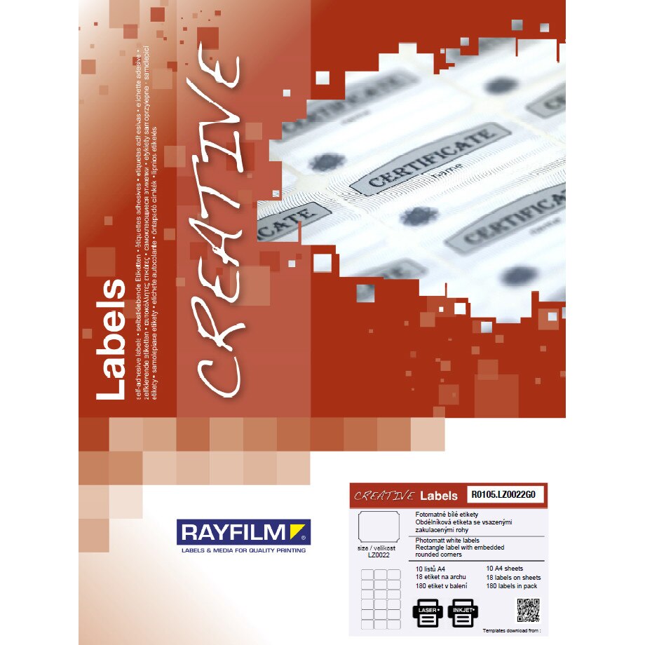 Etichete dreptunghi colturi rotunjite, hartie alba 18buc/A4 laser 10/set Rayfilm-Creativ