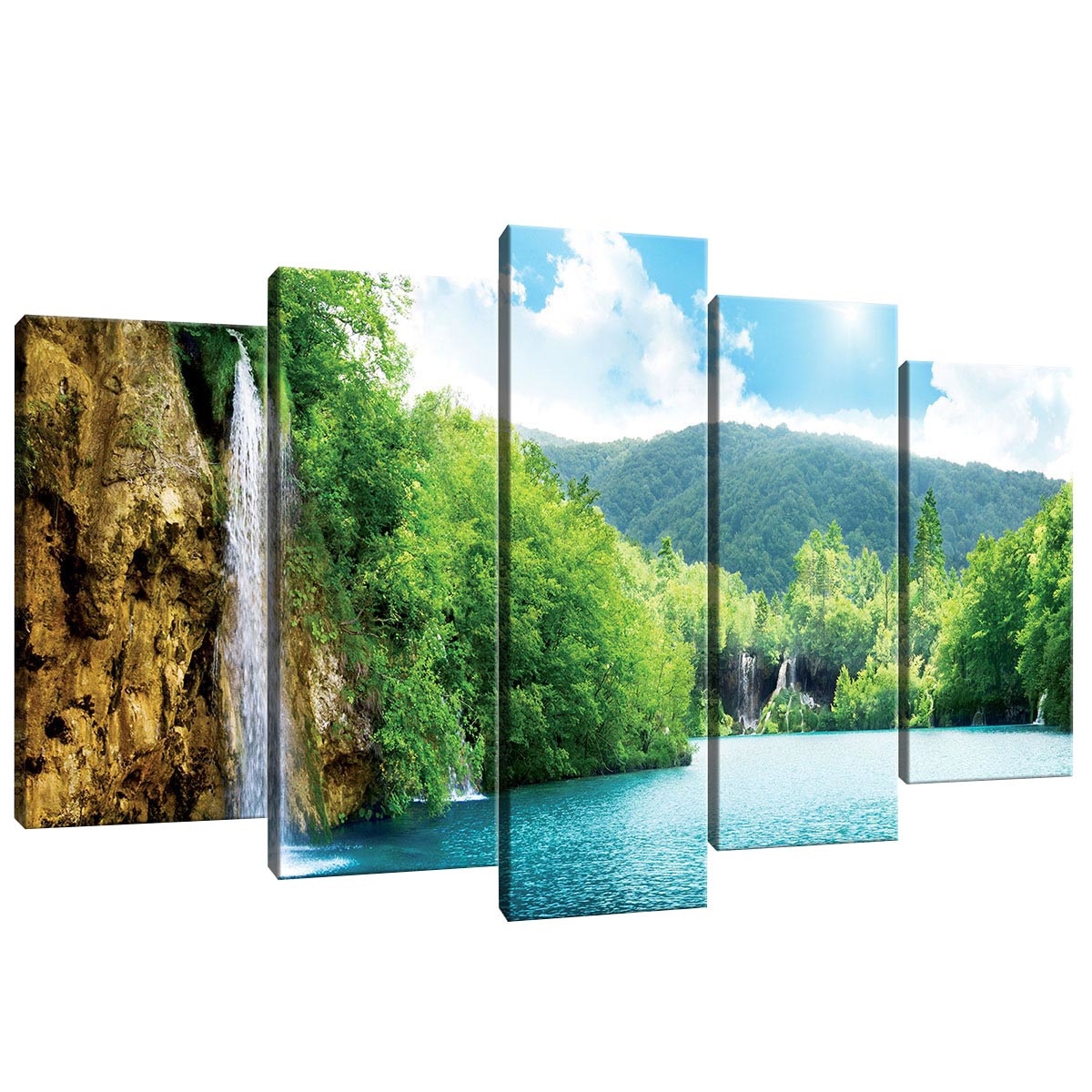 Set Tablouri DEGRETS 78467 Canvas, 60 x 100 cm, 5 piese (2x40x20 cm, 2x50x20 cm, 1x60x20 cm), Cascada langa lac