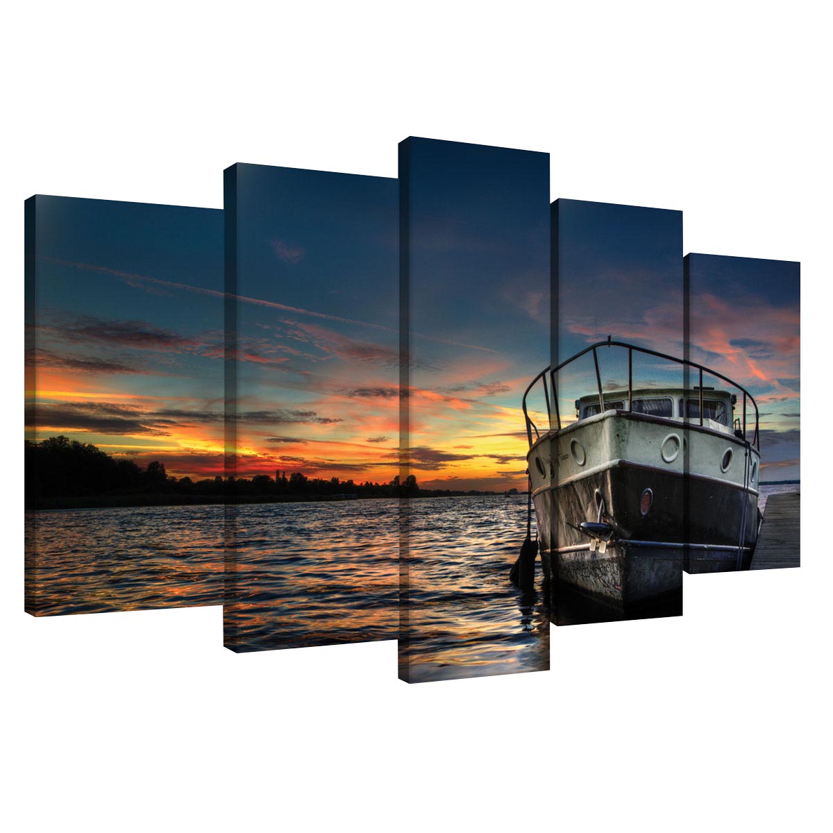 Set Tablouri DEGRETS 78493 Canvas, 60 x 100 cm, 5 piese (2x40x20 cm, 2x50x20 cm, 1x60x20 cm), Barca pe apa