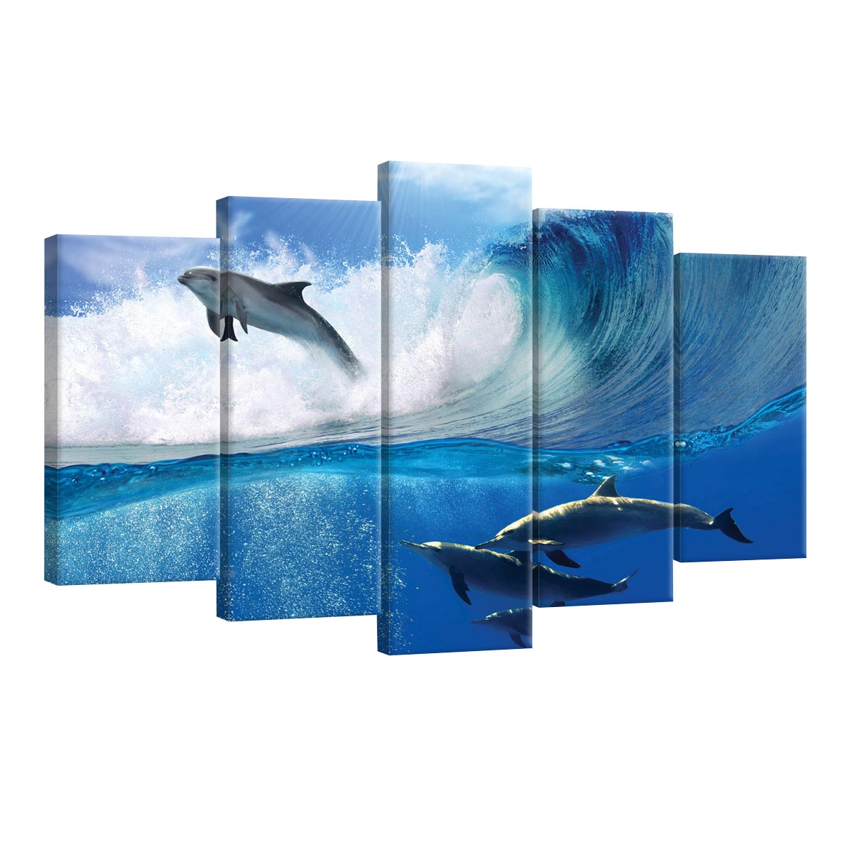 Set Tablouri DEGRETS 78510 Canvas, 60 x 100 cm, 5 piese (2x40x20 cm, 2x50x20 cm, 1x60x20 cm), Delfini in mare