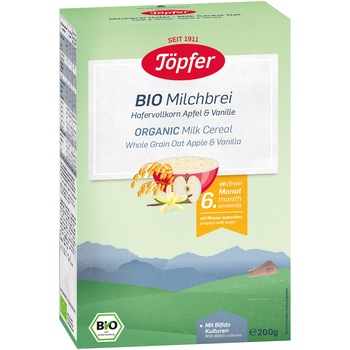 Cereale BIO cu ovaz, lapte, mar si vanilie Topfer, 200 g, de la 6 luni Cereale BIO cu ovaz, lapte, mar si vanilie Topfer, 200 g, de la 6 luni