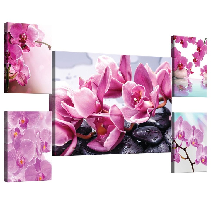 Set Tablouri DEGRETS 78628 Canvas, 50 x 134.8 cm, 5 piese (1x50x70 cm, 4x32.4x22.8 cm), Orhidee Mov 2 3D